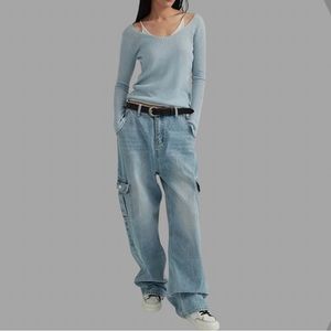 High Rise, Baggy Denim Cargo Pants with Flap Pockets